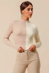 SO ME Color Block Fitted Crop Sweater Top TAUPE IVORY OutfitFlow