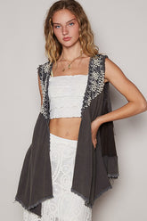 POL Embroidered Pearls Open Front Sleeveless Cardigan Charcoal OutfitFlow