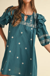 Floral Ruffle Puff Sleeve Tie Neck Mini Dress Turquoise OutfitFlow