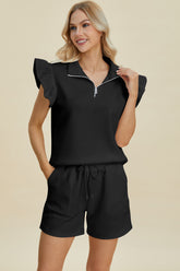 Double Take Full Size Texture Flounce Sleeve Top and Shorts Set Black OutfitFlow
