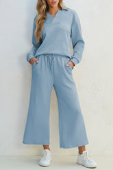Textured Collared Neck Top and Wide Leg Pants Set Light Blue OutfitFlow