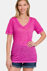 Zenana V-Neck Short Sleeve T-Shirt HOT PINK OutfitFlow