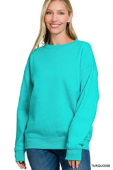 Zenana Fleece Crewneck Long Sleeve Sweatshirt TURQUOISE OutfitFlow