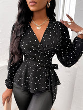 Heart Print Surplice Balloon Sleeve Blouse Black OutfitFlow