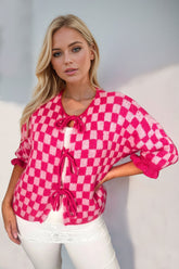 Double Take Tied Checkered Dropped Shoulder Flounce Sleeve Cardigan Hot Pink OutfitFlow