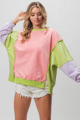 BiBi Washed Color Block Sweatshirt Pink Lime Lavender OutfitFlow