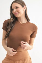 MONO B Essential Micro-ribbed Cropped Athleisure Tee COCOA DUST OutfitFlow