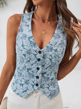 Floral Jacquard Button-Front Vest Coat Light Blue Trendsi