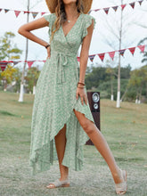 Printed Surplice Ruffle Sleeve Dress Green OutfitFlow