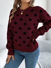 Polka Dot Round Neck Sweater Wine Red OutfitFlow