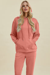 Basic Bae Full Size Air Scuba Drawstring Long Sleeve Hoodie with Kangaroo Pocket Coral OutfitFlow