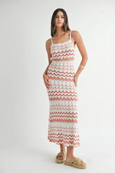 MABLE Lightweight Pointelle Chevron Knit Maxi Dress Salmon OutfitFlow