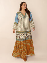 Plus Size Printed V-Neck Balloon Sleeve Maxi Dress Camel OutfitFlow