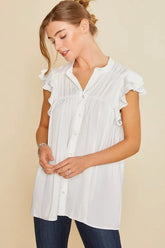 Annie Wear Ruffle Sleeve Shirred Flowy Woven Tunic Shirts WHITE OutfitFlow