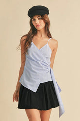 Aemi + Co Side Knotted Surplice Striped Cami White Sky OutfitFlow