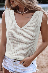 V-Neck Wide Strap Knit Vest White OutfitFlow