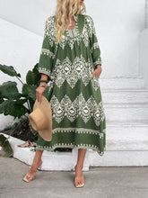 Printed Notched Midi Dress with Pockets Moss OutfitFlow