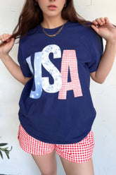 USA Letter Round Neck T-Shirt Navy OutfitFlow