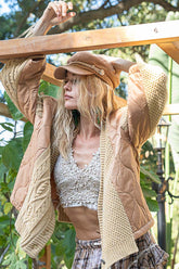 POL Quilting Patch Button Up Cable Knit Jacket Camel Multi OutfitFlow