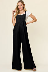 Double Take Full Size Texture Wide Strap Wide Leg Overall Black OutfitFlow