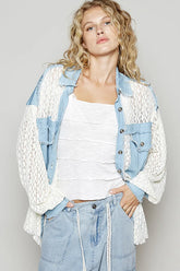 POL High-Low Denim Patchwork Lace Shirt Pastel Blue OutfitFlow