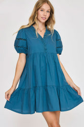 Umgee USA Full Size Lace Detail Puff Sleeve Mini Dress Plus Size Cerulean OutfitFlow