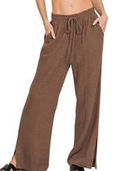 Zenana Linen Drawstring Pants BROWN OutfitFlow