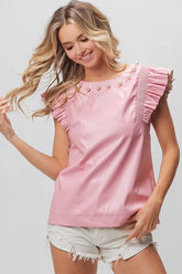 BiBi Leather Smocked Ruffled Top PINK OutfitFlow