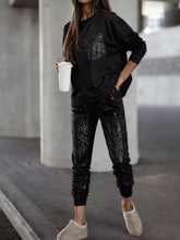 Printed Round Neck Top and Pants Set Black OutfitFlow