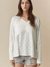 Eyelet Embroidered Loose V Neck Long Sleeve Top White OutfitFlow