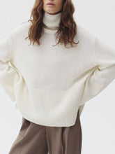 Side Slit Turtleneck Drop Shoulder Sweater Ivory One Size OutfitFlow