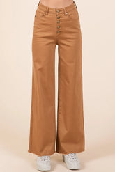 Mittoshop Twill High Waisted Button Fly Wide Leg Pants CAMEL OutfitFlow
