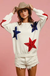 BiBi Velvet Sequin Star Patches Sweater Top IVORY OutfitFlow