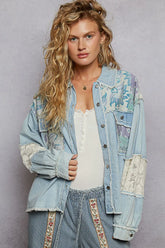 POL Printed Woven Mix Raw Hem Jacket with Lace Detail Pastel Blue OutfitFlow