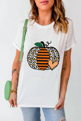 Pumpkin Graphic Round Neck Short Sleeve T-Shirt White OutfitFlow