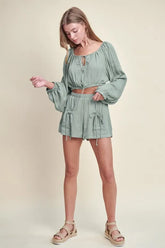 MABLE Gauze Long Sleeve Button Crop Top and Short Set Dusty Sage OutfitFlow