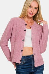 Zenana Button Down Long Sleeve Sweater Cardigan Lt Rose OutfitFlow