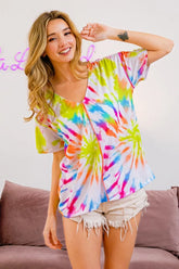 BiBi Tie Dye Print Jersey Stitched V Neck Top OFF WHITE MULTI OutfitFlow
