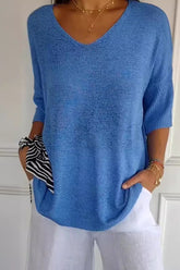 V-Neck Three-Quarter Sleeve Knit Top Blue One Size OutfitFlow