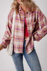Plaid Collared Neck Button Up Jacket Pink OutfitFlow