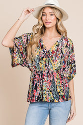 BOMBOM Printed Surplice Peplum Blouse Floral OutfitFlow