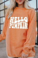 Round Neck Dropped Shoulder HELLO PUMPKIN Graphic Sweatshirt Caramel OutfitFlow