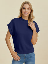 Double Take Full Size Mock Neck Short Sleeve Sweater Navy OutfitFlow