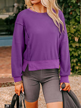 Solid Color Raw Seam Patchwork Ribbed Drop Shoulder Sweatshirt Mauve OutfitFlow