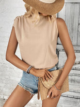 Ruched Shoulder Mock Neck Sleeveless Top Tan OutfitFlow