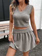 V-Neck Vest and Skirt Knit Set Light Gray OutfitFlow