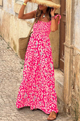 Ruffled Printed Wide Strap Dress Hot Pink OutfitFlow