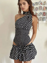 Polka Dot One-Shoulder Top and Mini Skirt Set Black OutfitFlow
