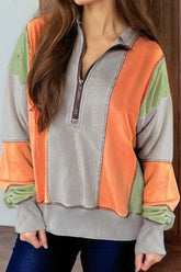 Full Size Exposed Seam Color Block Long Sleeve Sweatshirt Gray OutfitFlow