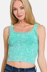 Zenana Washed Ribbed Scoop Neck Wide Strap Tank Turquoise OutfitFlow